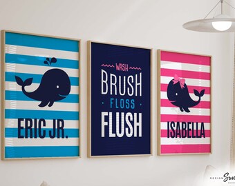 Whale Bathroom Prints: Blue & Pink Kids Decor (Set of 3)