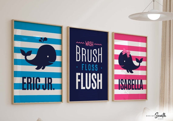 Whale bathroom decor, kids whale bathroom, twins whale bathroom, boy/girl bathroom prints, blue and pink, wash brush flush floss, bathroom