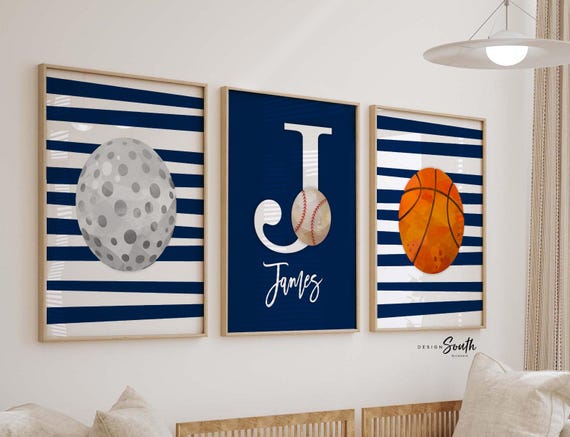 Sports wall art vintage, retro sports decor gift, vintage sports art, personalized name picture sports theme, little boy room sports custom