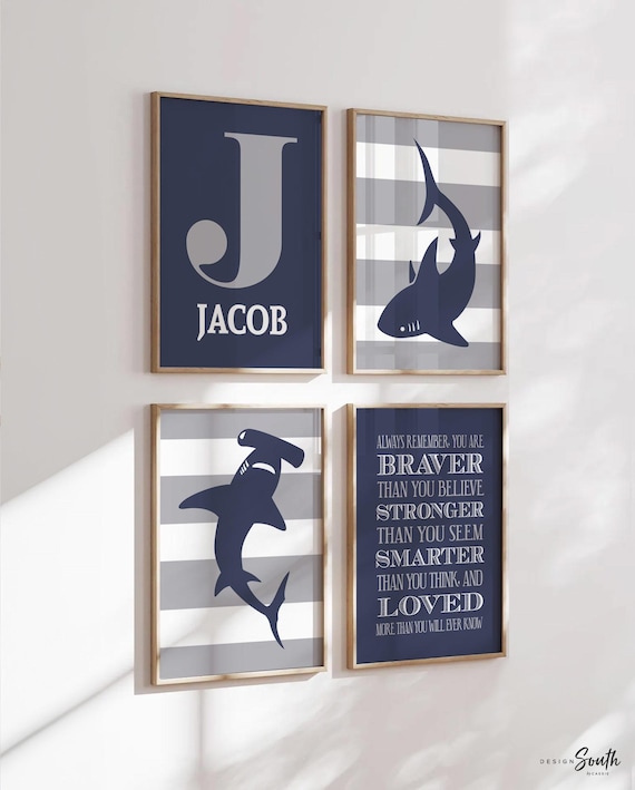 Boys navy blue and gray shark room decor, boys wall art, big boy bedroom, boys shark bedroom personalized name, shark nursery, shark decor