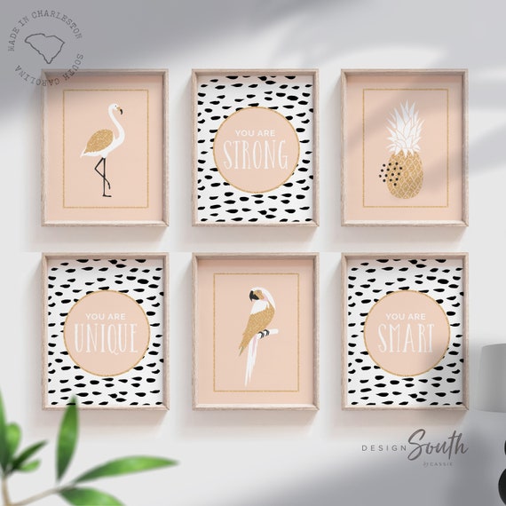 Modern girl nursery bedroom or playroom decor, little girl gallery wall decor, gold blush pink white black speckle dalmatian spots nursery,