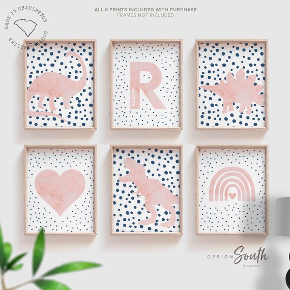 Pink dinosaur polka dots, pink and navy blue toddler girl room collection dinosaur themed, dinosaurs with hearts rainbows speckles modern