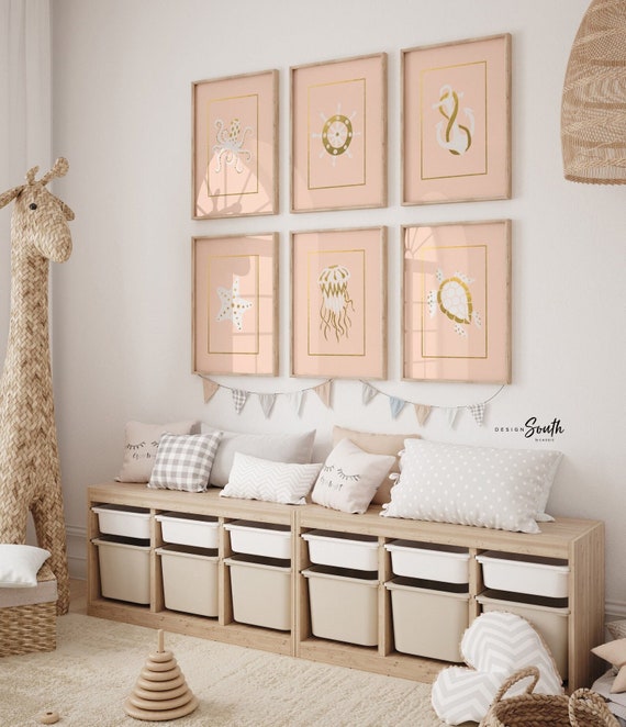 Girls nautical nursery decor, ship wheel octopus and anchor, nautical bedroom print for girl, peach nautical playroom art, peach octopus art