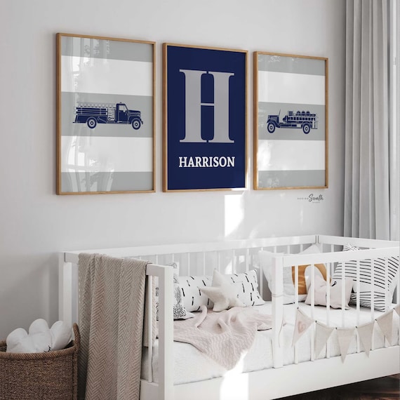 Fire Truck Nursery Art: Navy & Gray Prints, Personalized Decor