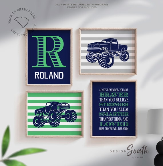 Green monster truck boys bedroom decor, personalized monster truck themed, big truck wall art, boys truck decor, toddler truck bedroom decor