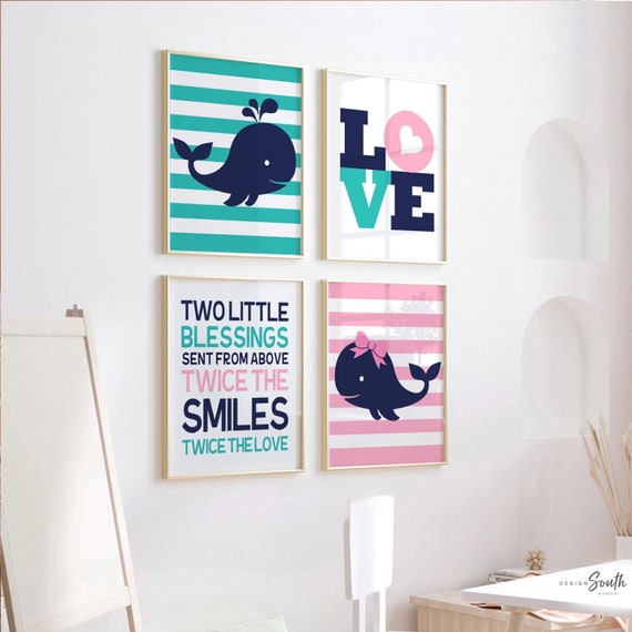 Twin babies, boy girl twin art, twin whale theme, boy girl twin wall decor, wall art for twins, twin art, twin decor, twin baby shower gift