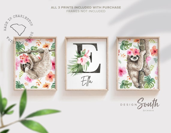 Tropical nursery, cute sloth themed baby stuff, trendy gift baby shower girl, little girl bedroom wall decor tropical, baby animal theme art