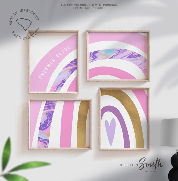 Pink gold and purple art prints, rainbow themed girls room pink purple gold, little girl bedroom or baby nursery wall art, rainbow room art