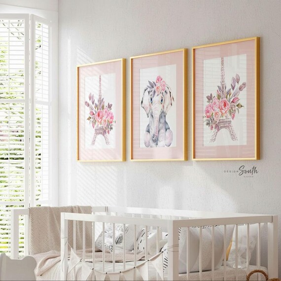 Parisian Nursery Prints: Eiffel Tower, Floral Elephant (UNFRAMED)