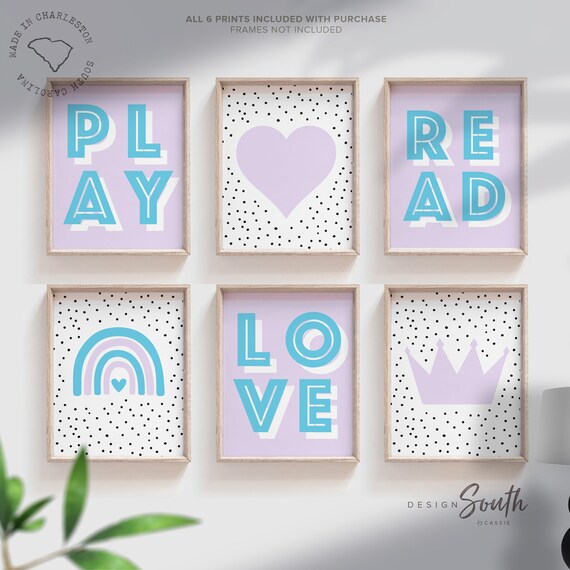 Play love read, heart crown rainbow toddler girl's bedroom wall art, purple and teal blue girls art, child gallery wall ideas little girl