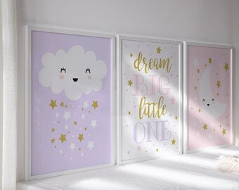 Pink Purple Nursery Art Prints, Moon Cloud Stars Decor