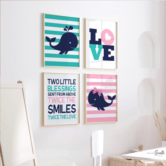 Twin babies, boy girl twin art, twin whale theme, boy girl twin wall decor, wall art for twins, twin art, twin decor, twin baby shower gift