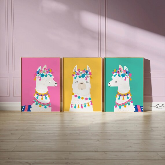 Llama Nursery Prints: Pink, Yellow & Teal Baby Girl Room Decor
