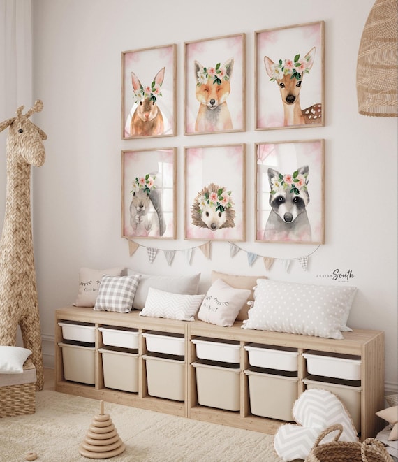 Woodland baby animals set of 6, wall decor girl bedroom, nursery wall art prints animals flower crowns, baby shower gift for girl animals