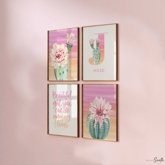 Girl nursery decor, desert tropical theme nursery art, tropics pink theme baby girl decor, cactus floral nursery decor, pink tropical decor