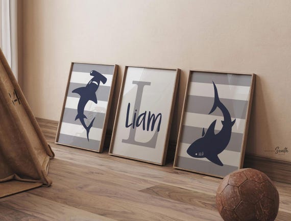 Shark nursery decor navy blue and gray boys personalized, shark decor, shark nursery, shark art, wall art for boys customized, boys sharks