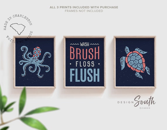 Nautical bathroom decor, nautical bathroom theme, octopus turtle art bathroom, wash brush floss flush, childrens bathroom decor, toddler art