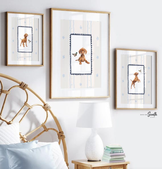 Vizsla Puppy Print Set: Navy Blue Nursery Wall Art