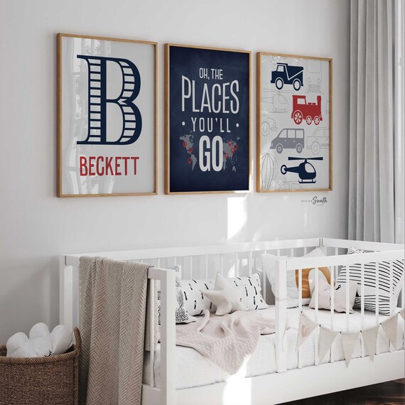 Transportation Nursery Prints: Personalized Name, World Map (Set of 3)