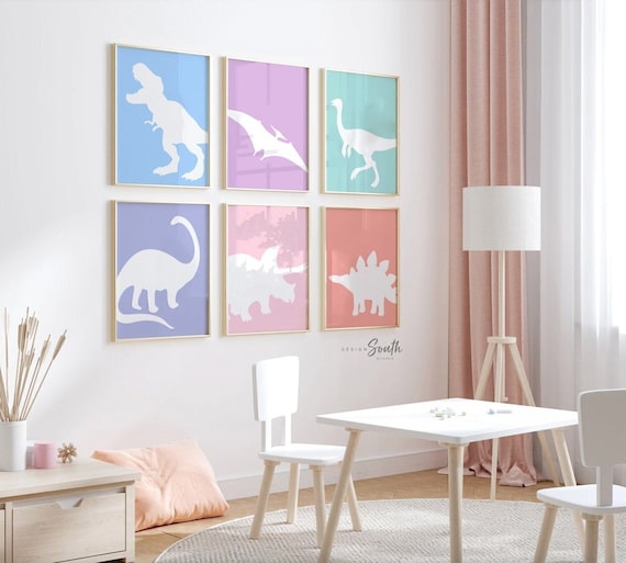 Little girl room dinosaurs, girl dinosaur art, pastel colored dinosaurs, decor toddler wall girl pink dinosaurs, girl's art print dinosaur