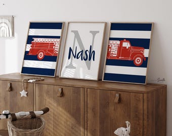 Fire Truck Nursery Art Prints: Navy Blue & Red Boy's Room Decor