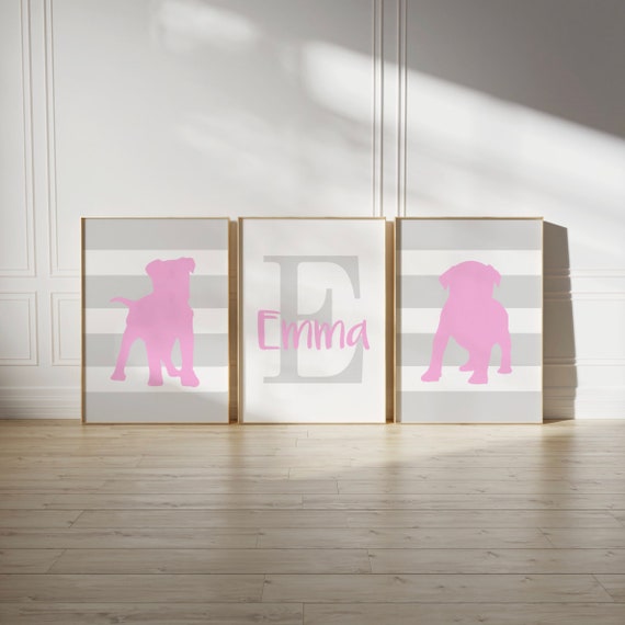 Pitbull Puppy Nursery Art: Pink & Gray Dog Wall Art Set