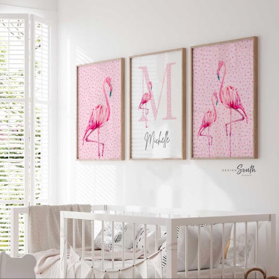 Tropical Flamingo Nursery Prints: Pink Polka Dot Wall Art
