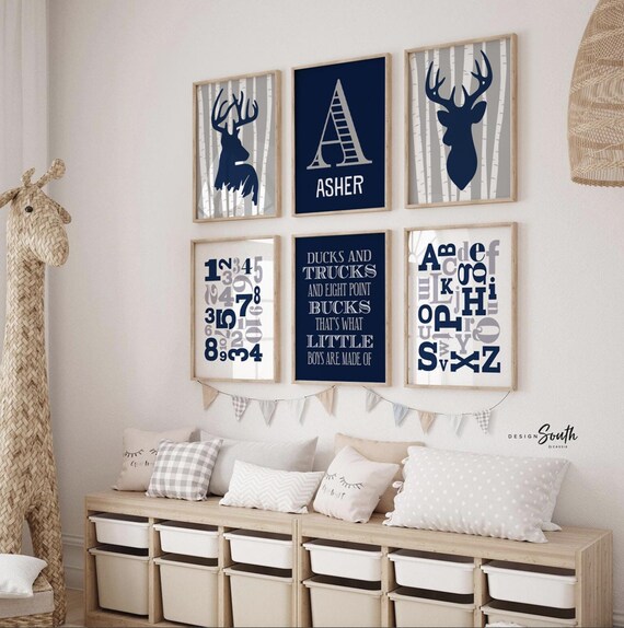Deer boys bedroom nursery or playroom decor, boys art eight point bucks, deer theme, deer nursery, eight point bucks, navy and gray set of 6