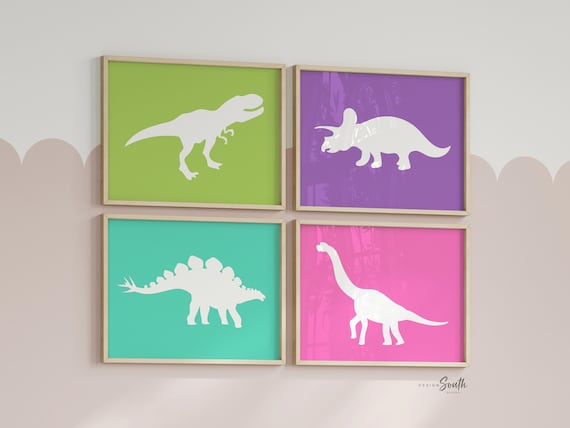 Little girl room dinosaurs, girl dinosaur art, purple teal pink dinosaurs, decor toddler wall girl prints dinosaurs, girl art print dinosaur