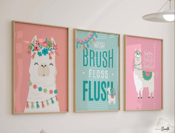 Girls llama bathroom decor, coral pink and teal girls bathroom decor, girls bathroom art print llama, pink and teal art, alpaca llama theme