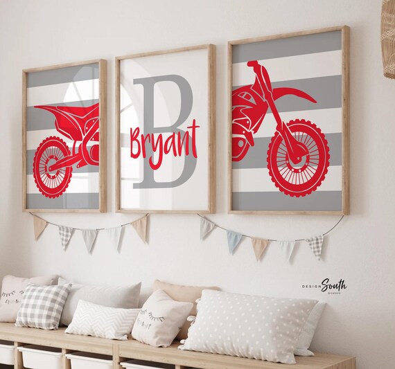 Red dirt bike room decor ideas, customized name motocross dirt bike wall art boys room, dirt bike theme bedroom playroom nursery, boys gift
