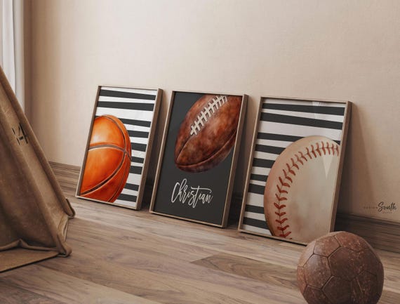Personalized Sports Nursery Art: Charcoal Gray Stripes, Initial Print Set