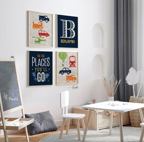 Transportation nursery decor, blue, red, orange, oh the places you'll go, personalized print, name, transportation prints, helicopter, train