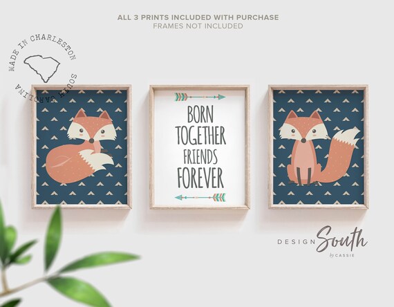 Twin nursery art fox, woodland theme twin nursery print set, twin baby wall art blue, twin prints for bedroom, born together friends forever