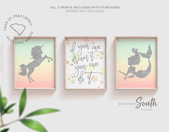 Unicorn room decor, silver sparkle unicorn wall art, if you can dream it inspirational quote for girls, pink and silver sparkle nursery art