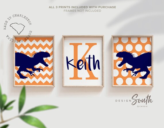 Orange dinosaur nursery wall art, orange and blue boys bedroom dinosaur theme, dinosaur boy room decor, dinosaur wall art toddler customized