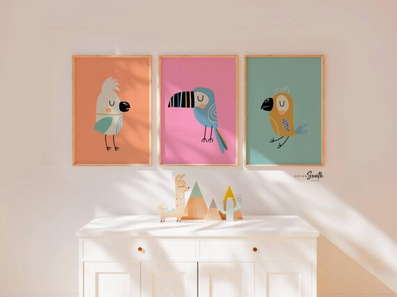 Toucan bird prints, wall art tropical bird, pink tropical wall art, pink teal coral blue bright tropical art, modern trendy bright art set 3