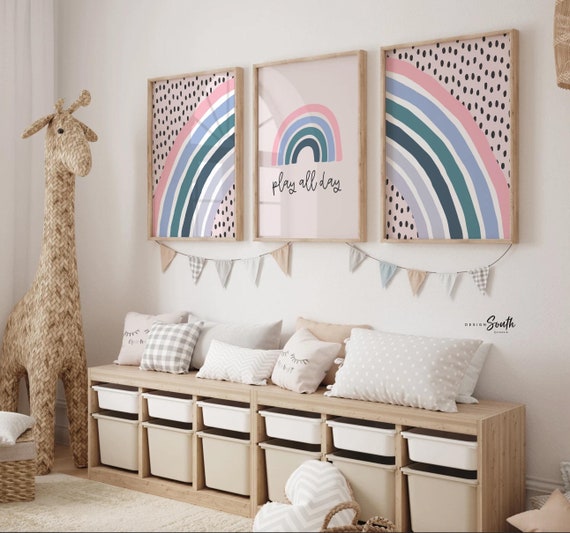 Girls playroom decor, pink blue girl's modern playroom wall art ideas, toddler playroom decor, play all day print set, play poster rainbows