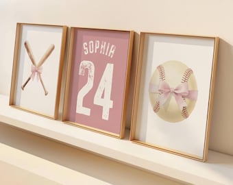 Softball Girls Nursery Wall Art Set, Pink Baseball Bats & Softball Bows, Personalized Name Number Print, Baby Girl Room Decor Gift
