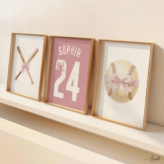 Softball Girls Nursery Wall Art Set, Pink Baseball Bats & Softball Bows, Personalized Name Number Print, Baby Girl Room Decor Gift