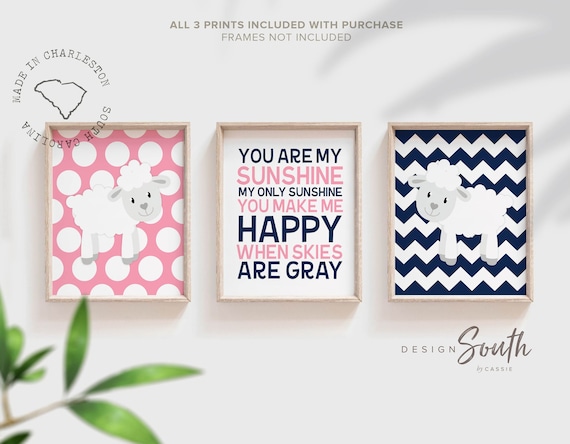 Twin baby room, lamb nursery art prints, pink navy sheep twins, baby shower gift, boy girl shared nursery wall art, you are my sunshine art