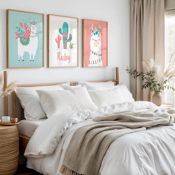 Boho Llama Nursery Art Prints: Custom Monogram, Floral Crown Decor