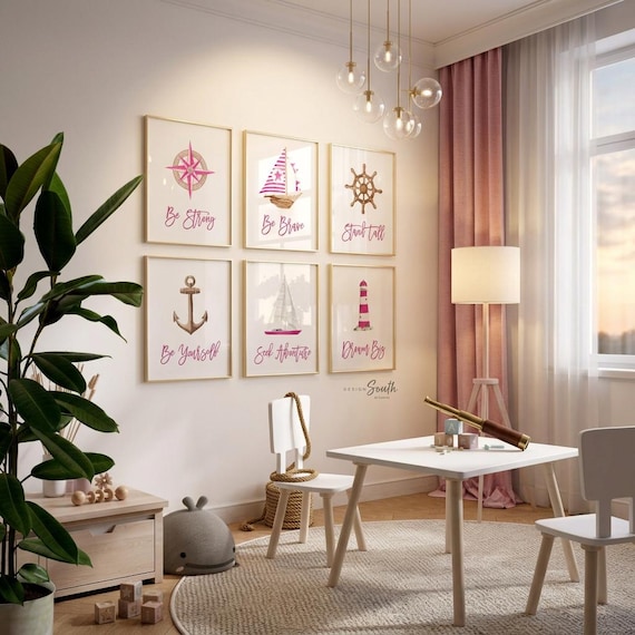 Nautical Nursery Art Prints: Pink Ocean Theme, Set of 6