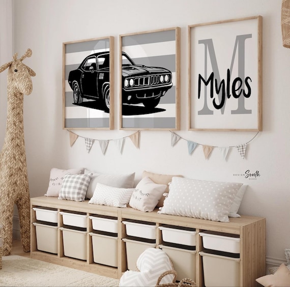 1971 Plymouth Barracuda Nursery Prints – Black Gray Muscle Car Wall Art, Personalized Name Diptych
