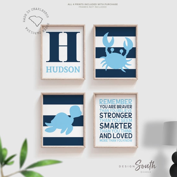 Boys bedroom wall art pictures navy and light blue, kid print crab, turtle wall art ocean pictures, baby boy nautical crab turtle navy blue