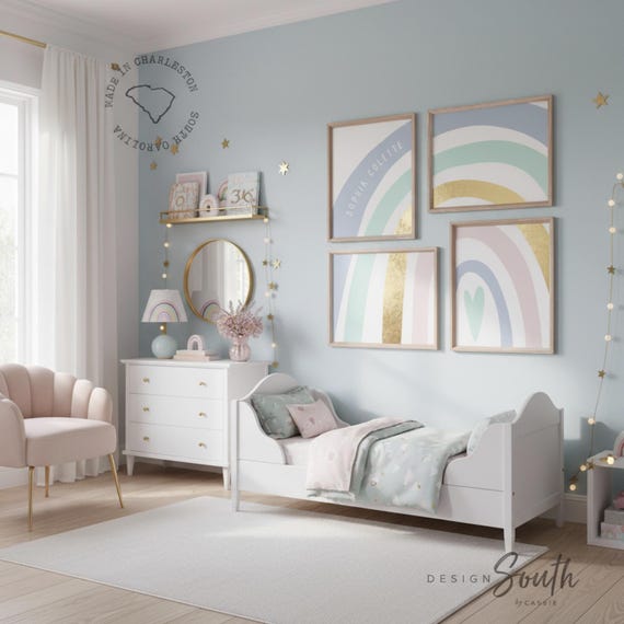 Rainbow Nursery Art Prints: Aqua, Gold, Personalized Name