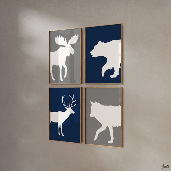 Woodland wall art navy blue gray, boy's bedroom, boy's nursery decor, forest animals, boy's woodland nursery, bear deer moose wolf boy's art