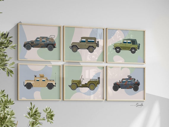 Military kid themed wall art, military child gift, army truck vehicles collection, boy army nursery, army camouflage olive drab kids room