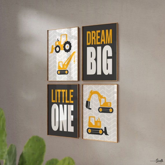 Construction prints, trucks, construction nursery, digger, bulldozer, boys nursery decor, yellow and gray art, art prints, boys construction