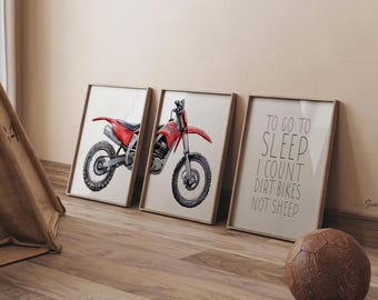 Red Dirt Bike Watercolor Prints: Boys Room Decor, Motocross Art - Set of 3